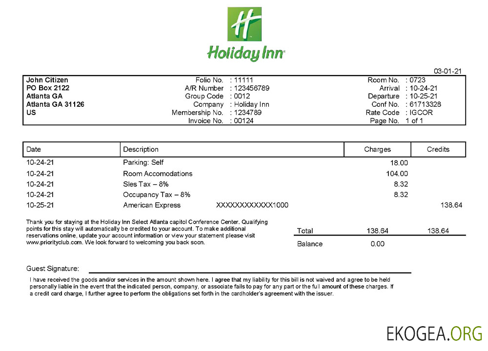 Modèle de facture USA Holiday Inn InterContinental Hotels Group